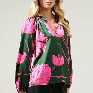 Sugarlips Jovie Split Neck Satin Pink & Green Floral Blouse